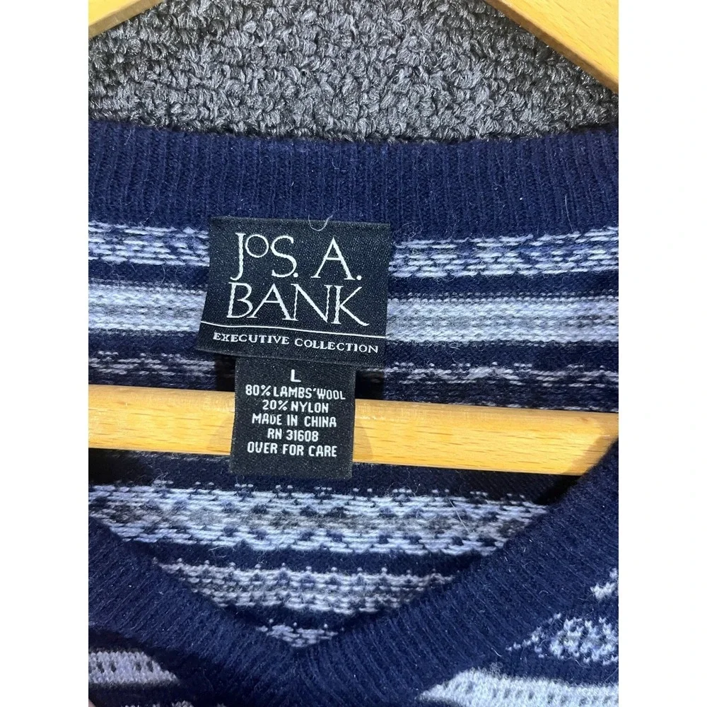 JOS A BANK Mens L V-Neck Fair‎ Isle Sweater 80 Lambswool Navy White